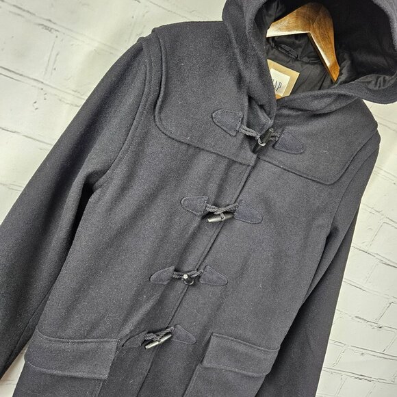 Gap Wool Blend Hooded Duffle Pea Coat Womens M Navy Black Winter Heavy Warm - Picture 2 of 16